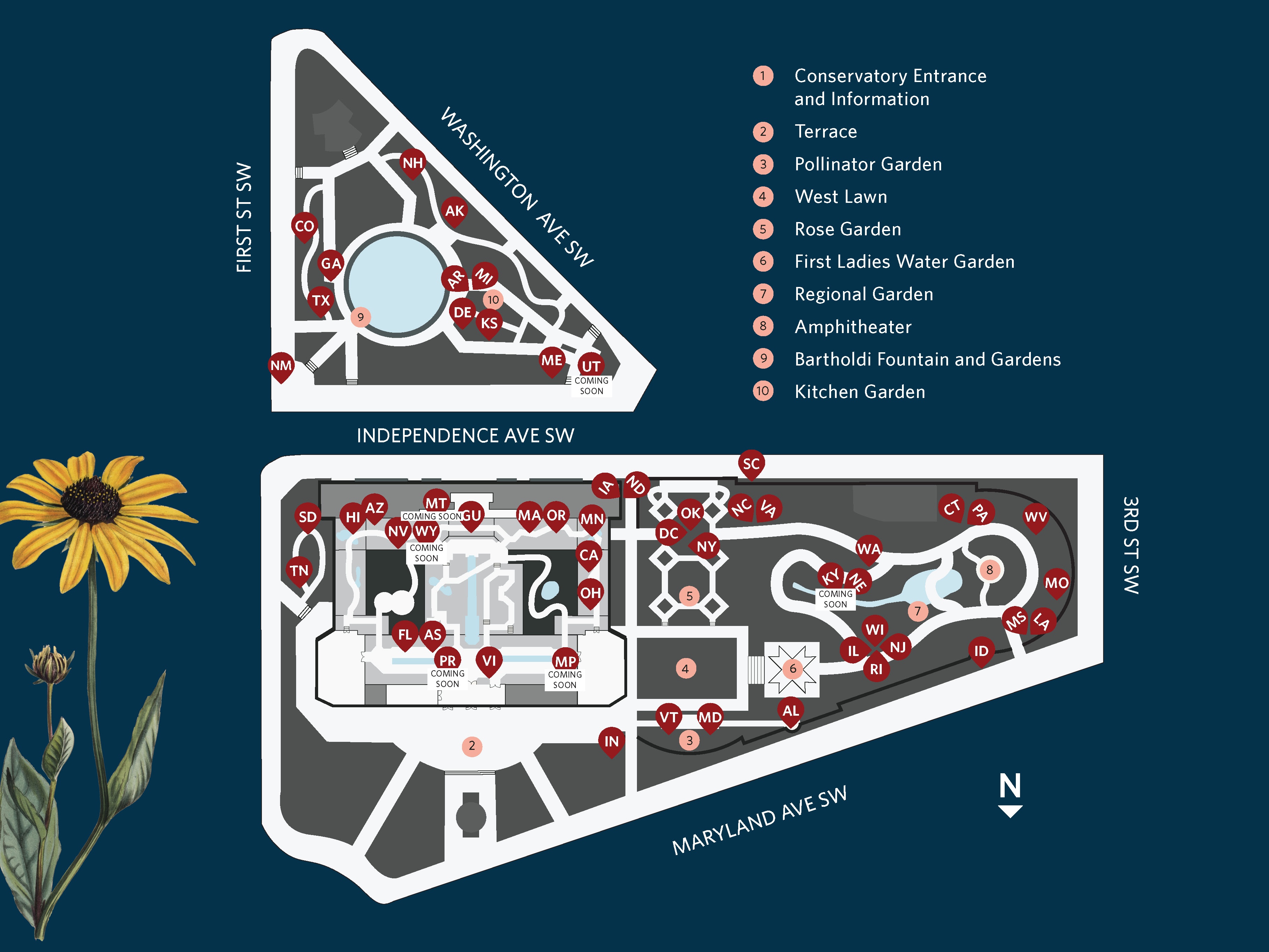 map of the united states botanic garden with location markers showing where all state flower displays are located