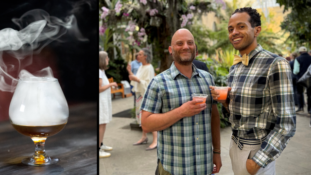 On the left, a glass of an amber liquid has smoke curling out of the top. On the right, two men stand in a Conservatory of plants holding orange-pink colored drinks