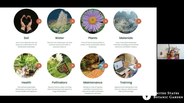 The areas of the Landscape for Life sustainable landscaping program include soil, water, plants, materials, health, pollinators, maintenance, and training