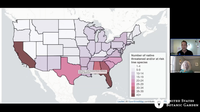 A U.S. map shows states shaded with darker colors according to the number of threatened or at risk trees, with California and Florida having the most
