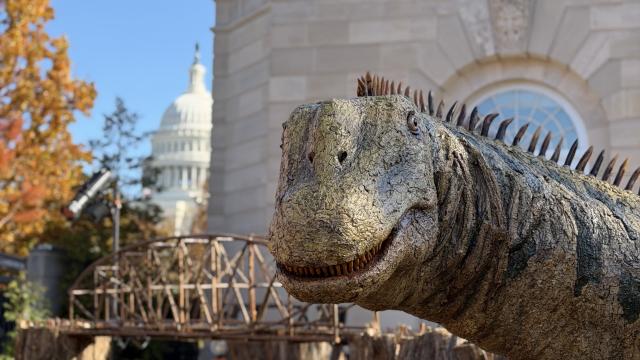 A model of a dinosaur made from plant parts in an ourdoor garden setting with model train tracks beneath and behind