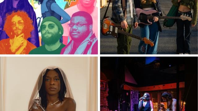 Four photos in a square showing people singing and playing instruments