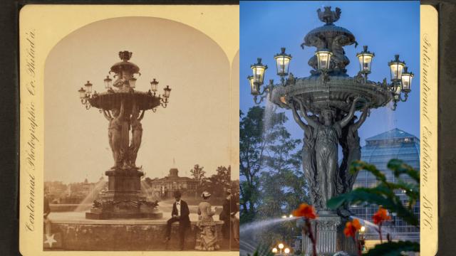 Two photos of a large decorative fountain, one in black and white from 1876 and a color image from 2026