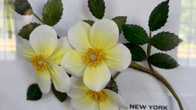 paper flowers in the exhibit with a New York label