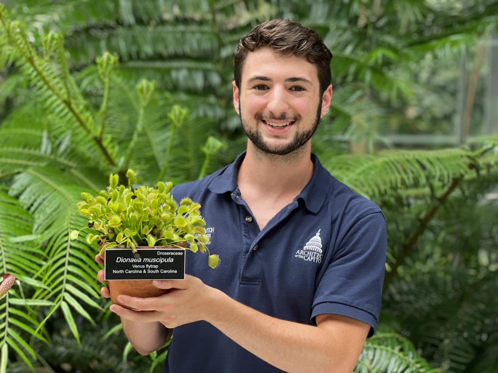 A man holds a pot of Venus flytraps