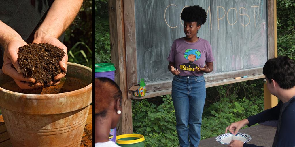 Hands hold compost above a pot on left, a young woman speaks to other people in front of a chalkboard saying Compost on the right