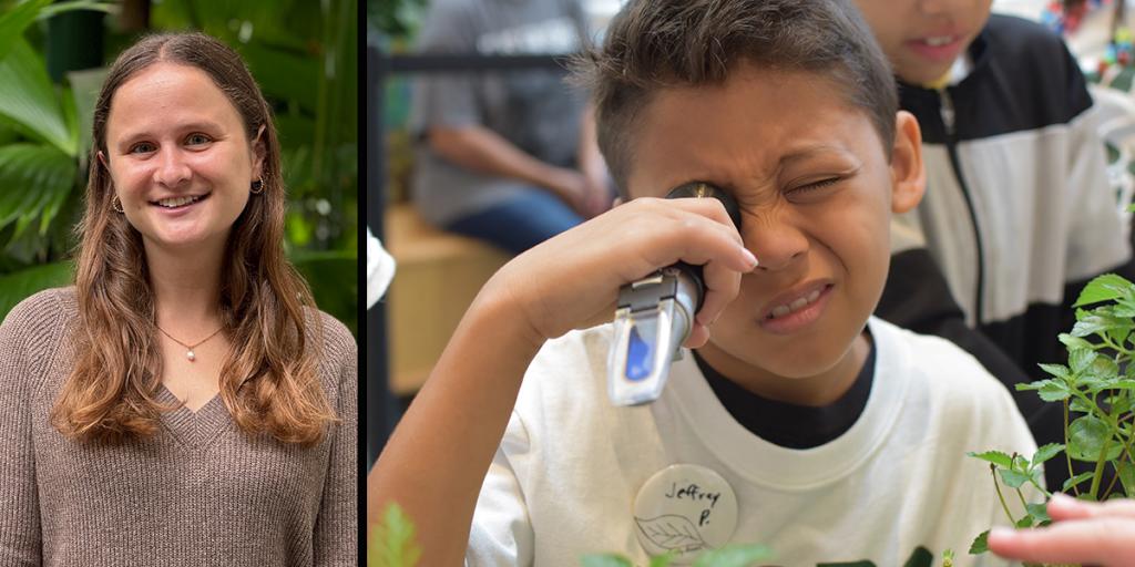 on left, a young woman smiles at the camera; on right, a young boy looks through a light-measuring tool