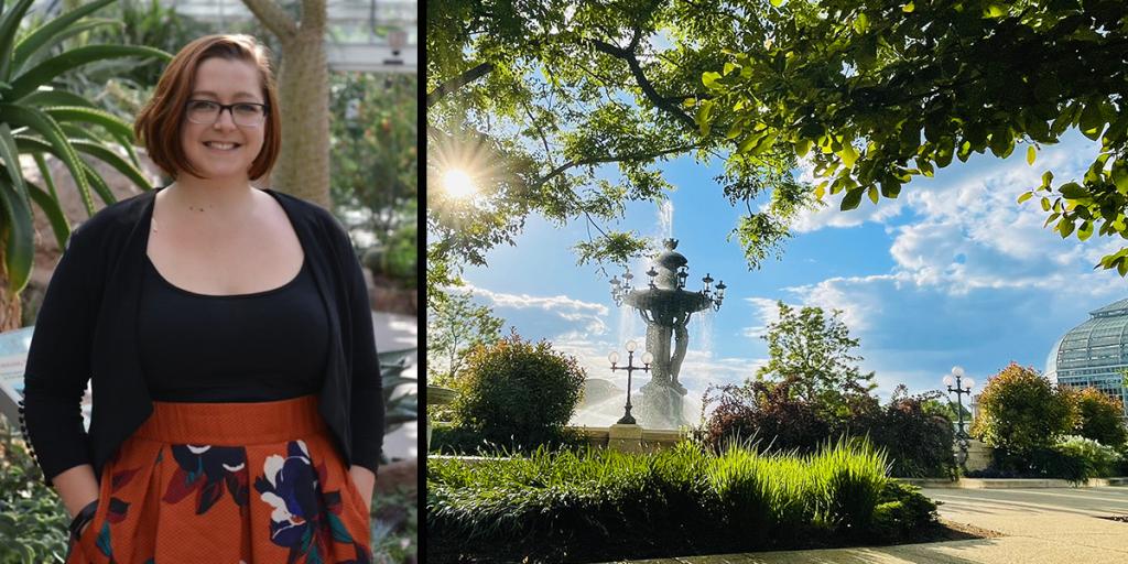 a young woman smiles at the camera on left, blue skies over a tall fountain in a garden on the right