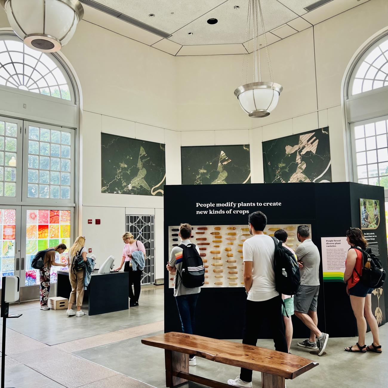 Visitors walk through exhibits featuring varieties of corn