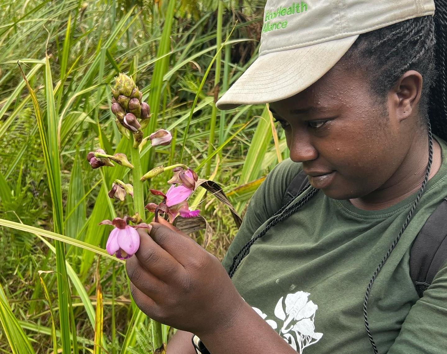 A girl wearing a cap inspects a pink flower while surrounded by tall green grass-like leaves