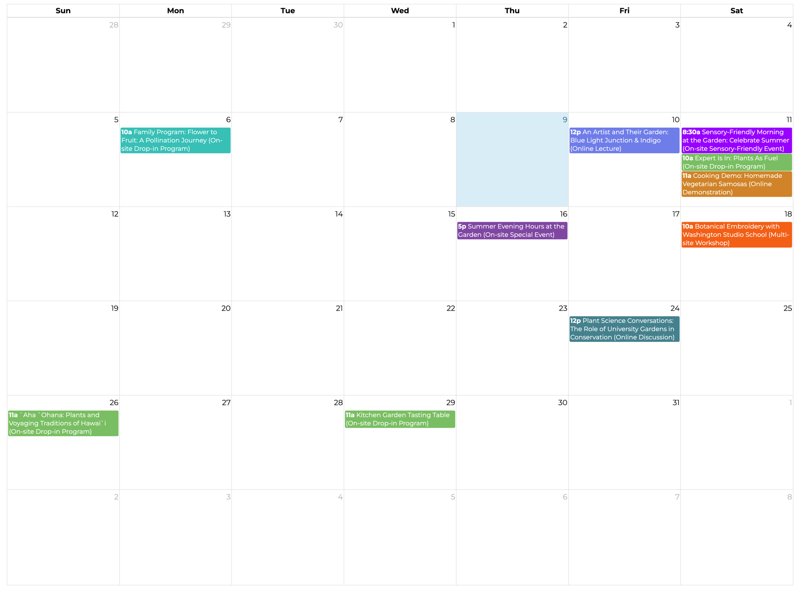 a calendar with colored boxes with upcoming program titles